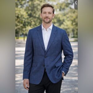 NWT Robert Talbott Men's 100% Linen Blue Windowpane 2-Button Suit Jacket (L)